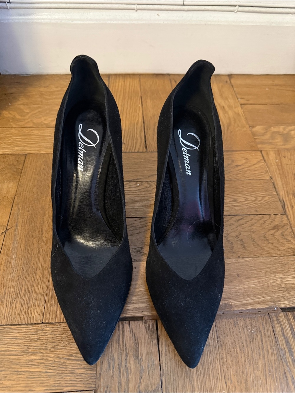 Delman Black Pointed Toe Suede Pumps